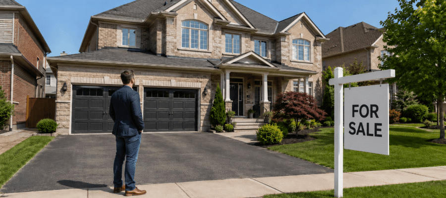 Prospective buyer viewing a Markham home with a For Sale sign in the front yard.
