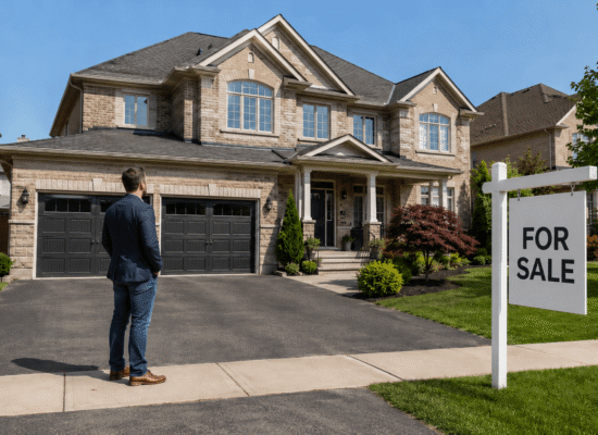 Prospective buyer viewing a Markham home with a For Sale sign in the front yard.