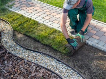 landscaping, man, sidewalk, stone, dirt, grass